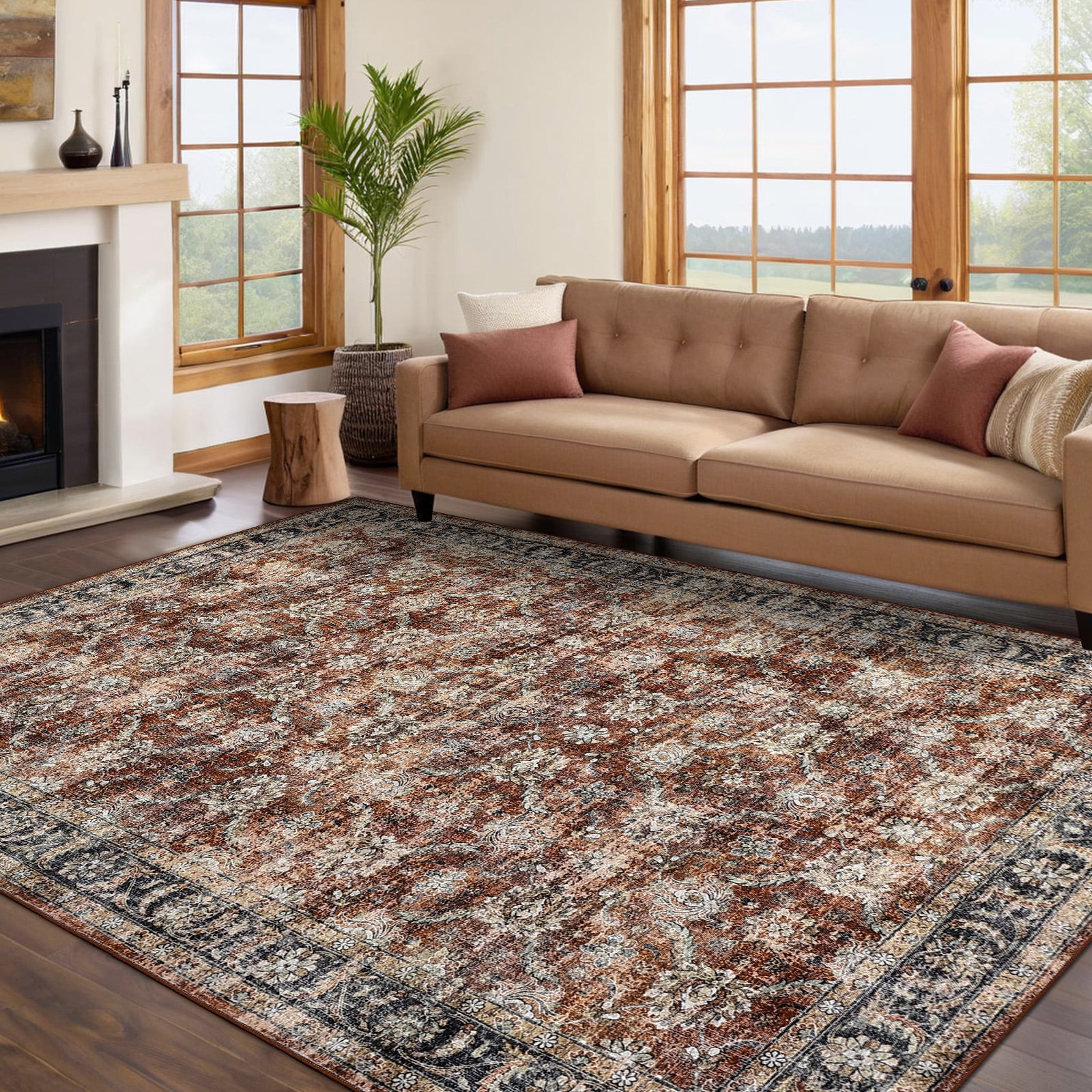 Haperlare 10'x13' Vintage Floral Area Rug Soft Oriental Carpet, Washable Rug Non Slip TPR Backing Low Pile Rugs for Living Room Bedroom Home Office, Red