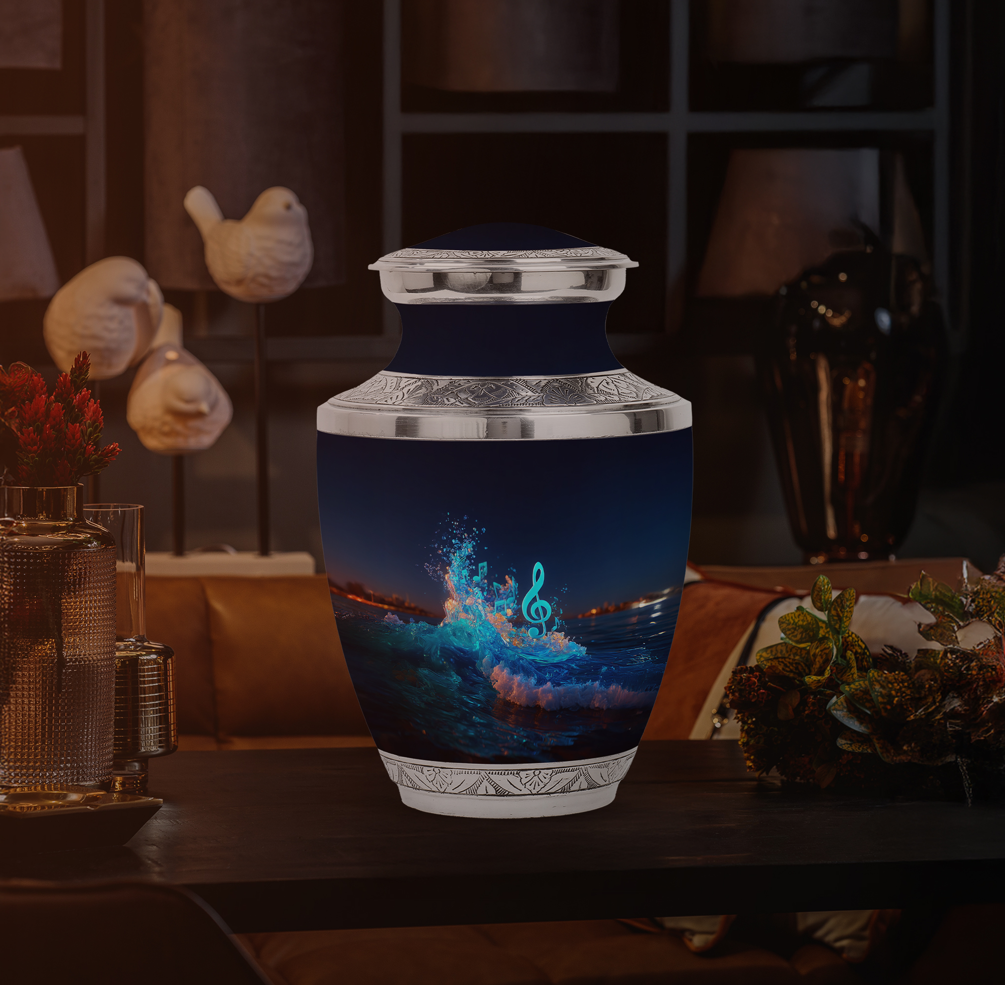 Yatskia Blue Music with Tree Mini Cremation Urns for Human Ashes Adult Male and Female, Large Cremation Urn for Ashes Adult Dad, (Tasty 10 Inch and 3 Inch)