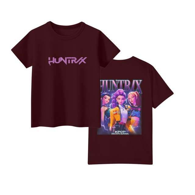 Moonsky Camisetas pop Hunt-ers de manga corta, jersey con estampado HUNTR/X, camisetas de verano, camisetas casuales holgadas para niñas, ropa gráfica Vino tinto 140