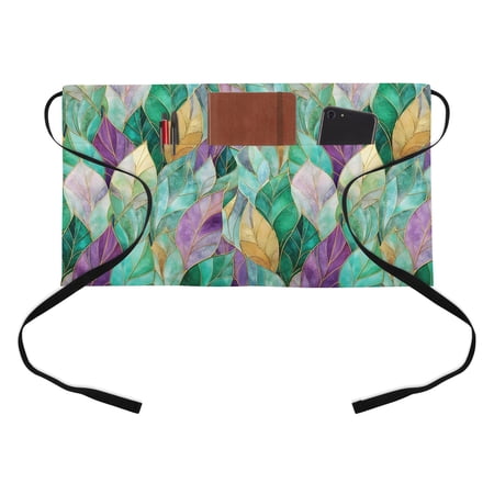 Luxury Leaves Kitchen Restaurant Half Waist Apron Green Purple Abstract Gorgeous Leaf Server Short Apron with 3 Pockets Waterproof Oil Waist Aprons for Women Waitress Waiter