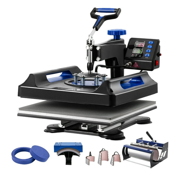 KFFKFF Heat Press, 15x15 inch, 8-in-1 Transfer Kit with 30 oz Cup Press, 360° Rotating Digital T-Shirt Printer, Teflon Finish, for Apparel/Mugs/Caps/Dishes, Black & Blue