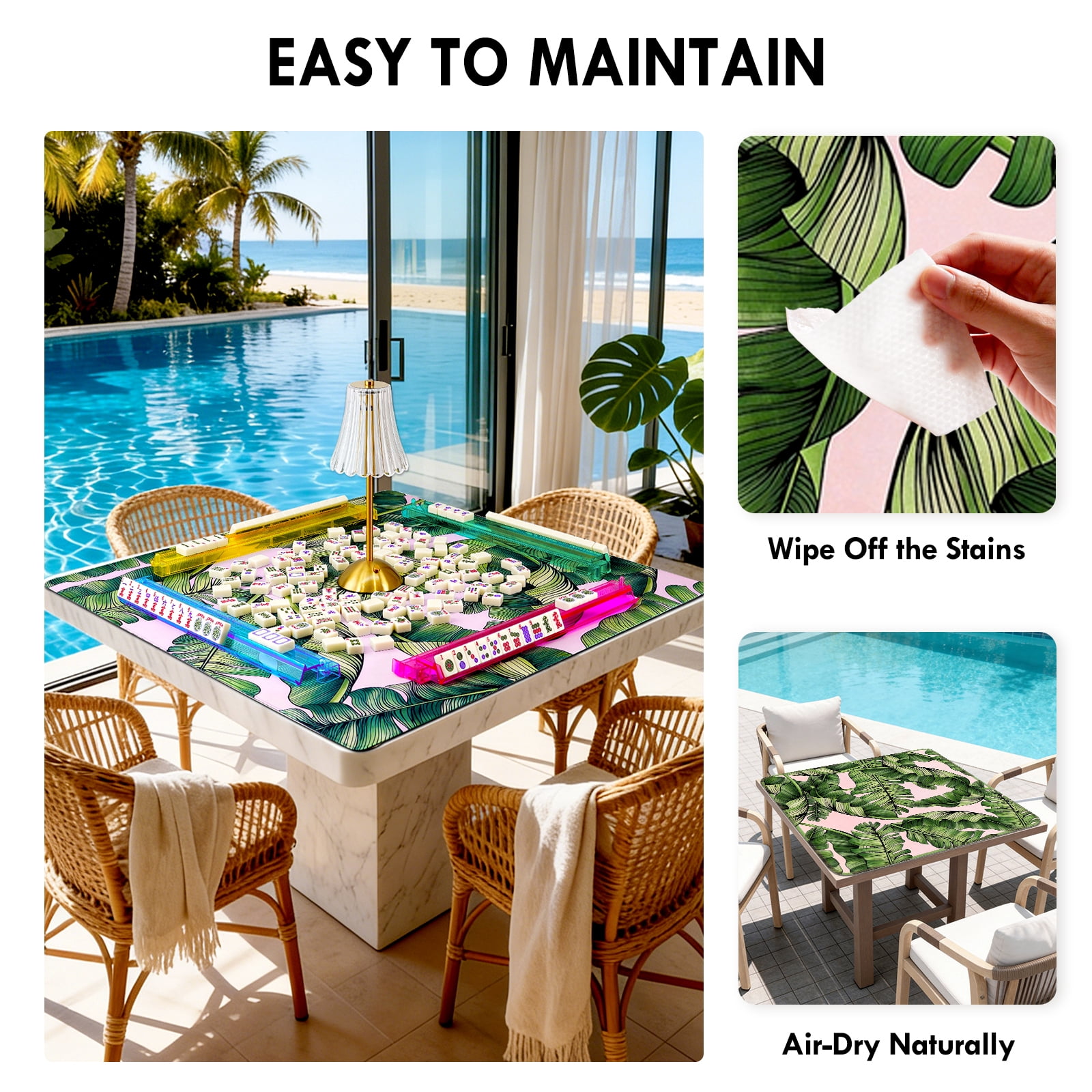 Tropical Leaf Pattern Game Mat – Anti-Slip Noise Reducing Pad for Mahjong, Cards, Poker | Portable with Velvet Carry Bag