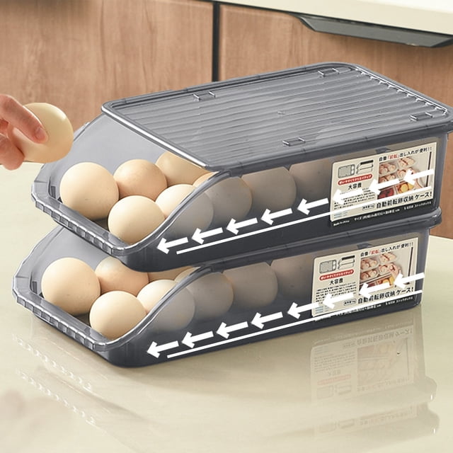 Vrorvz Auto Rolling Egg Holder for Refrigerator with 2 Layer Stacked Tray Design Clear Plastic Dispenser Fridge Storage Container with Removable Lid for Kitchen and Restaurant Use