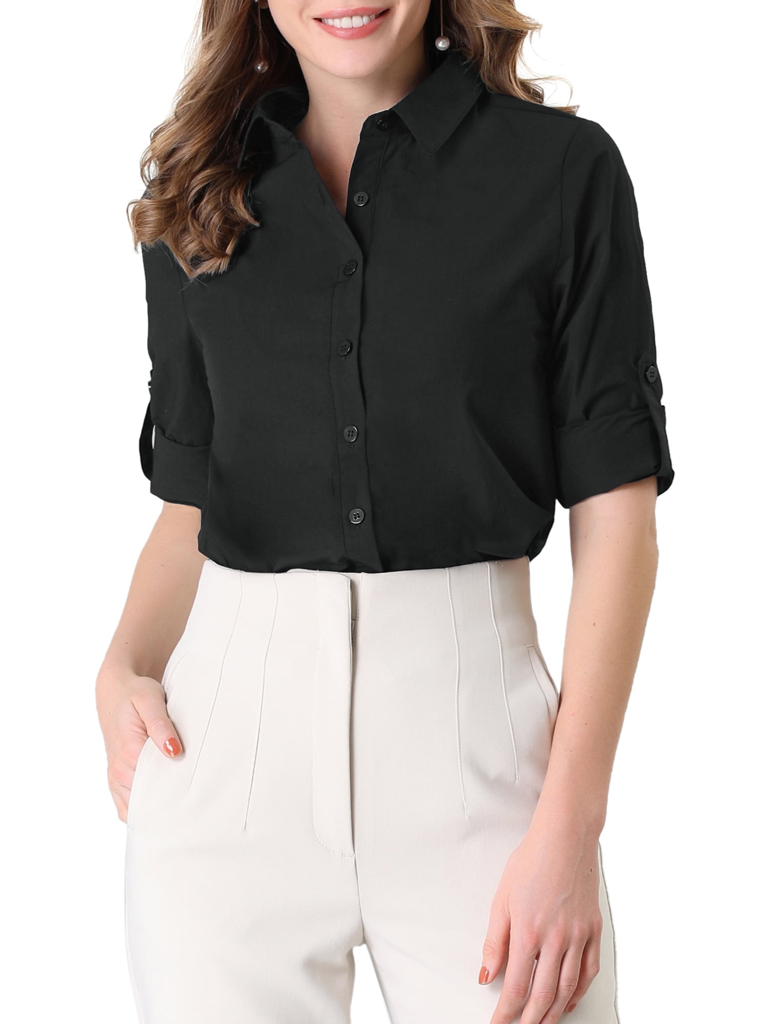 Long Sleeve Lapel Collar Shirt Black 
