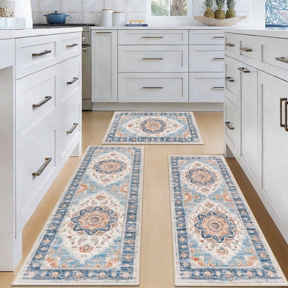 MeyJey Kitchen Rug Set 3 Piece, Non Slip Kitchen Floor Mats Machine Washable Mats for Home Floor and Living Room, Blue