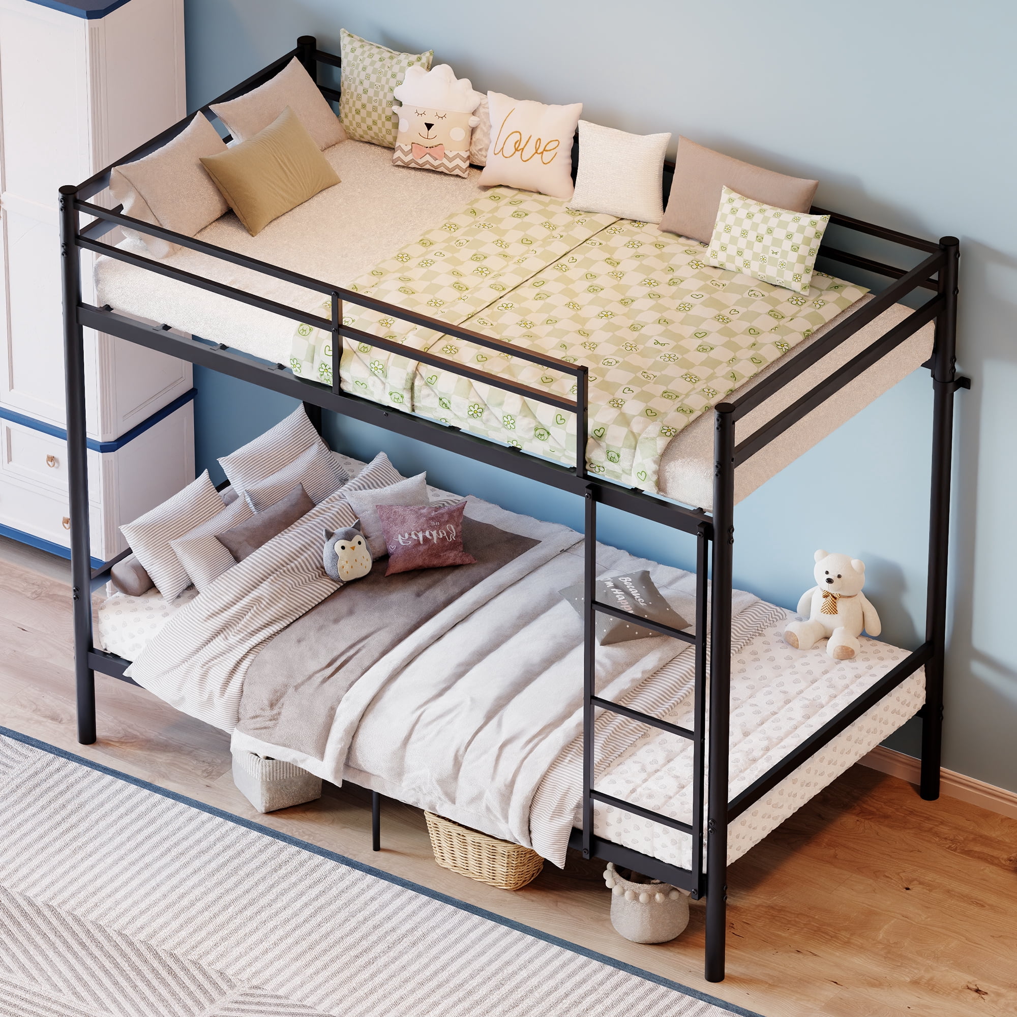 Leumius Metal Bunk Bed Twin Over Twin, Heavy Duty Bunk with High Guardrail and Safety Entrance Design, Under-Bed Storage Space, Easy Assembly, Noise Free,Black