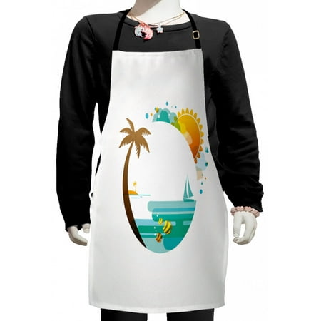 

Beach Kids Apron Tropical Paradise Summer Season Palm Tree Silhouette with Fish and Sun Boys Girls Apron Bib with Adjustable Ties for Cooking Baking Painting Turquoise Marigold Brown by Ambesonne