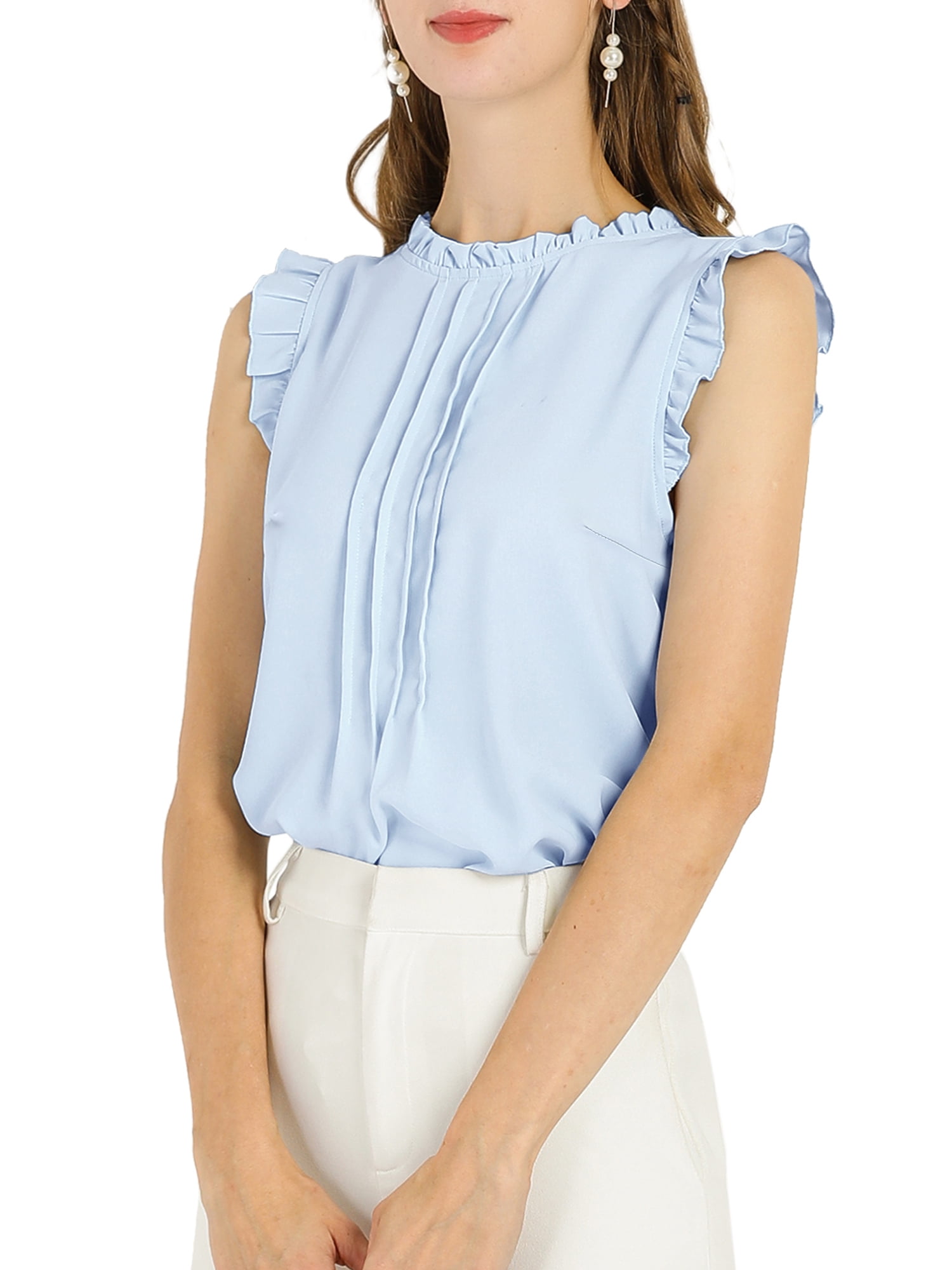 DARING DIVA Women's Ruffled Trim Pleated Plain Blouse Top M Blue