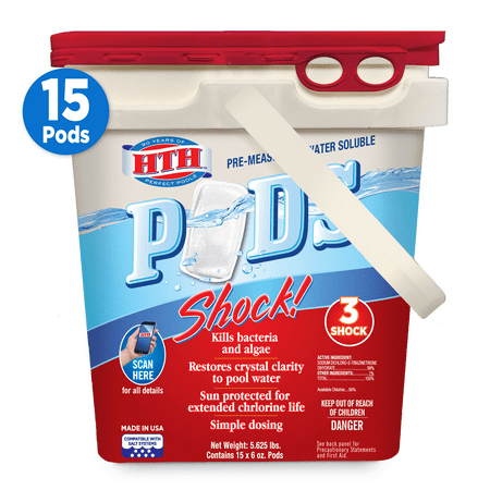 HTH Pre Measured Water Soluble Shock Pods, Kill bacteria and algae with easy to use pods in Swimming Pools, 5.625 lbs, 15 (The Best Pool Shock)