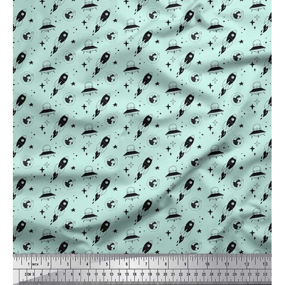 Soimoi Green Cotton Voile Fabric Rocket & Spaceship Galaxy Decor Fabric Printed Yard 56 Inch Wide