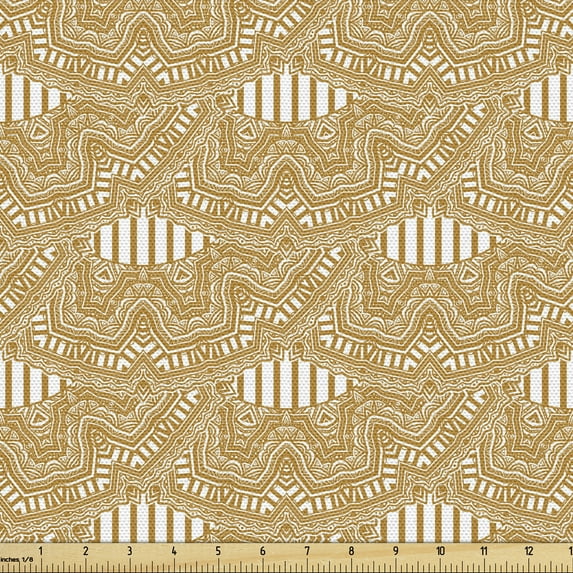 Abstract Fabric by the Yard, Ornamental Geometric Abstract Folkloric Tribal Ethnic Complex Striped Motif, Decorative Upholstery Fabric for Sofas and Home Accents, Pale Coffee White by Ambesonne