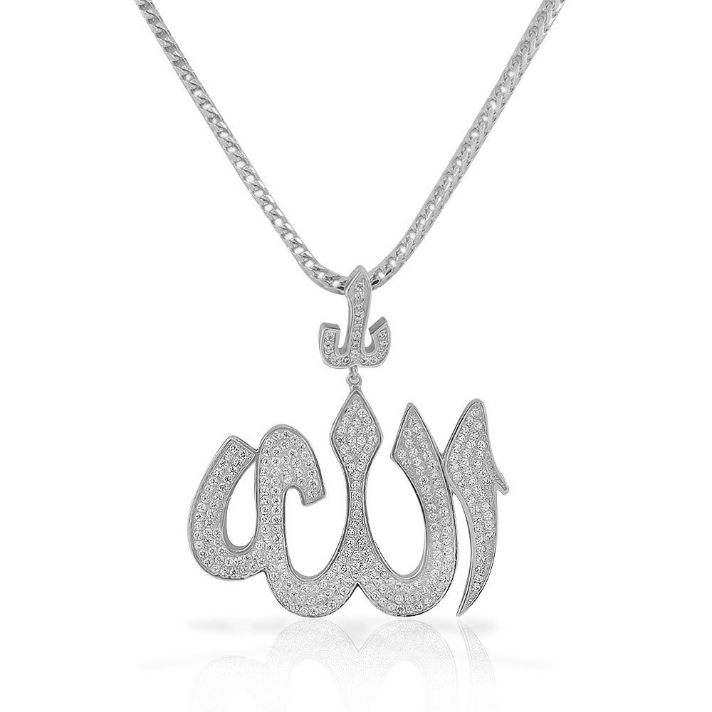925 Sterling Silver CZ Large Hip-Hop Religious Muslim Islam God Allah Pendant Necklace