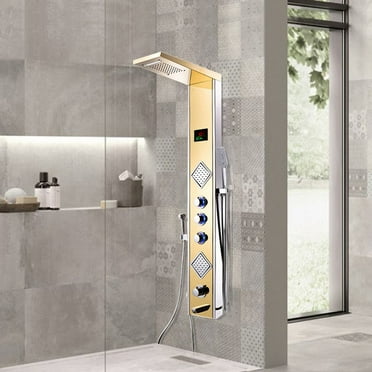 Juno Multi Function Gold Wall Mount Bathroom LED Shower Faucet Panel With Thermostatic Massage Jets