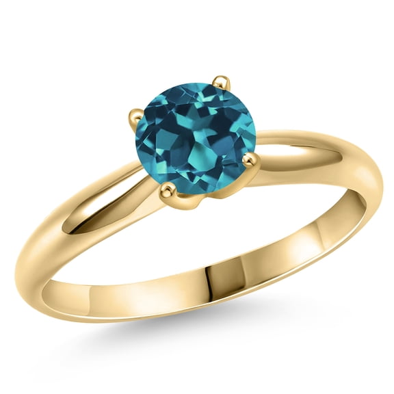 Gem Stone King 14K Yellow Gold London Blue Topaz Engagement Ring for Women | 1.70 Cttw | Round 7MM | Gemstone November Birthstone | Size 7