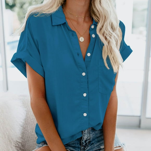 zanvin Blouse à Manches Courtes pour Femmes, T-Shirt Blouse Unie à Boutons Décontractée pour Femme à Manches Courtes, Hauts d'Été, Bleu, m