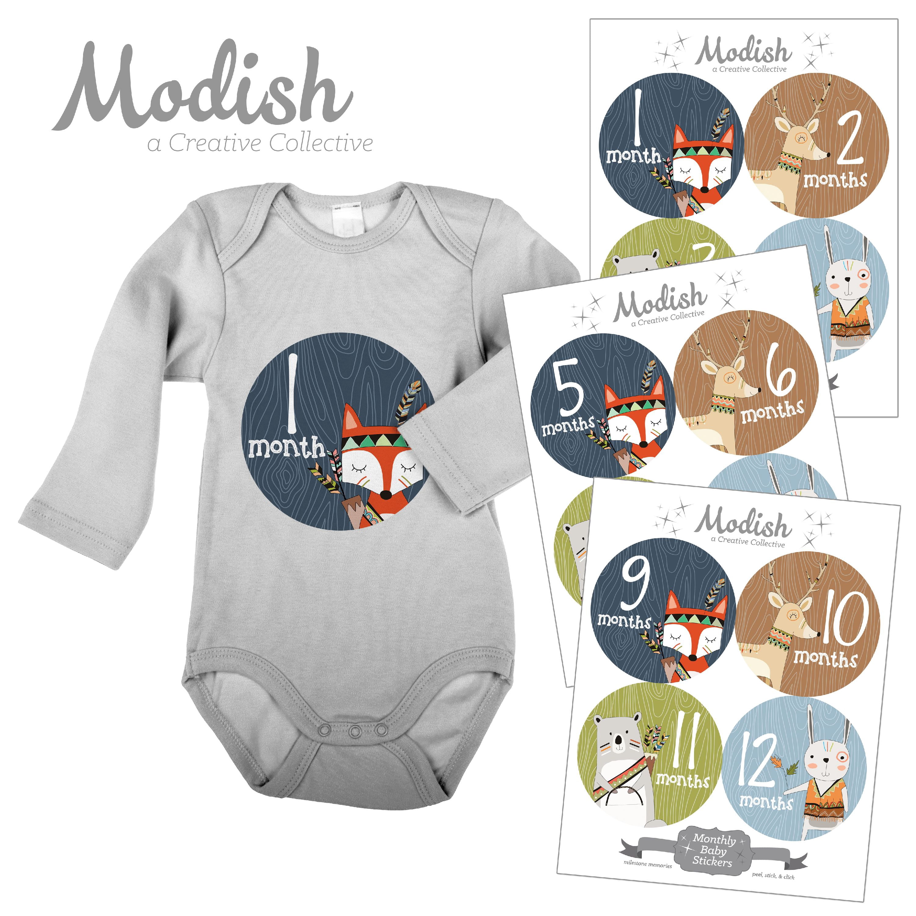 Modish Monthly Baby Stickers, Boy, Woodland Animals, Fox, Bear, Deer, Rabbit, Baby Photo Prop, Baby Shower Gift, Baby Book Keepsake