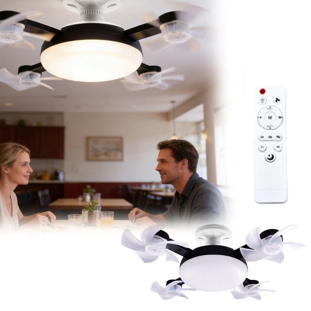 BotaniNest Socket Fan Light Screw In Ceiling Fan With Remote Control Light Bulb Dimmable 3 Color Temperatures & 3 Wind Speeds E27 Screw In Installation For Bedroom Kitchen Garage (4 Head)