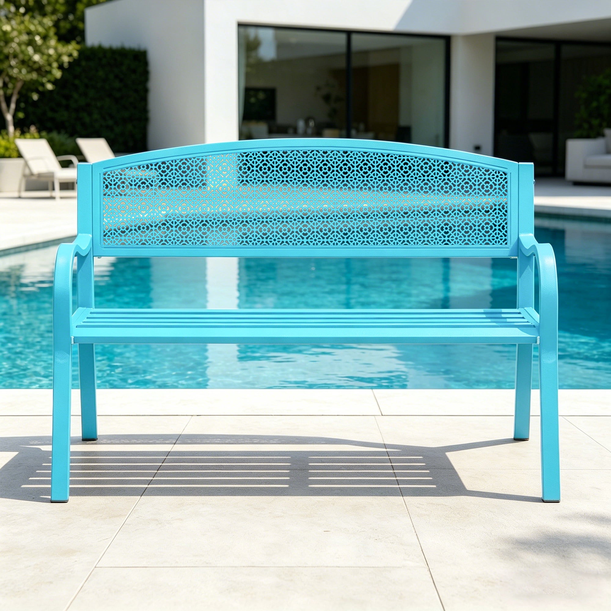 Kool 49in Outdoor Metal Garden Bench Steel Slat Patio Loveseat Park Bench for Porch Yard Lawn Patio Bench, Blue