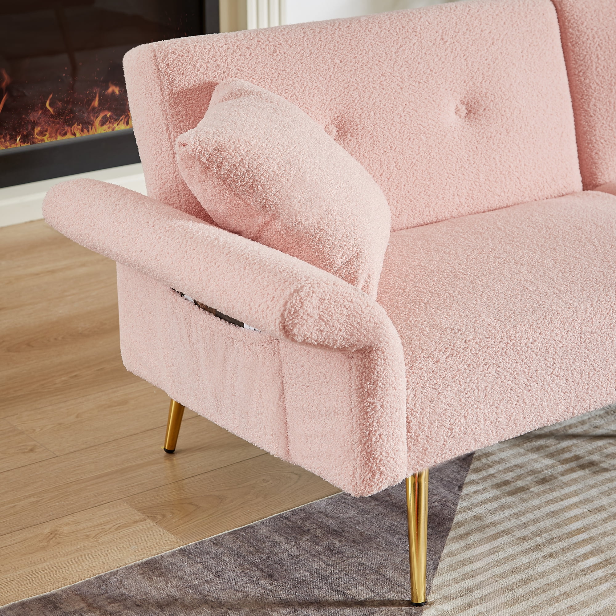 Jopath 80" Futon Sofa Bed,Teddy Upholstered Convertible Loveseat Sleeper Sofa Couch with Foldable Armrest,Adjustable Backrest and Golden Metal Legs for Living Room,Pink