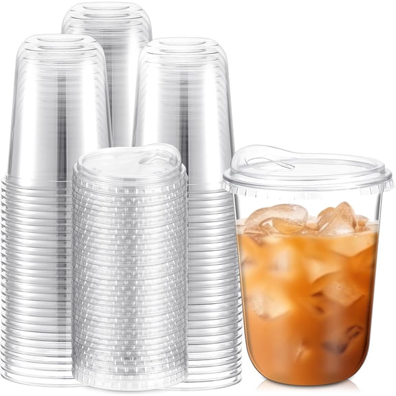 Clear Plastic Cups with Strawless Sip Lids Disposable Round Bottom Togo Cups for Coffee Smoothie Cold Beverage Coffee Shops and Party Catering(16 oz,100 Pcs)