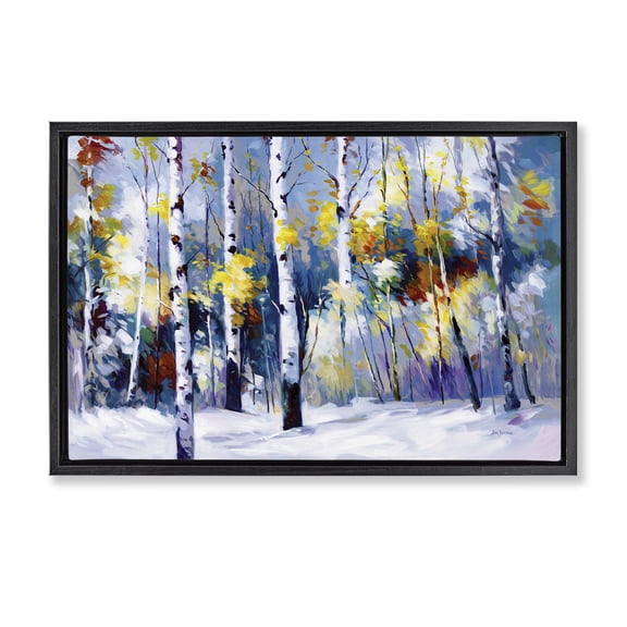 Stupell Industries Autumn Birch Trees Snowy Forest Landscape & Nature Painting Black Floater Framed Canvas Art Print Wall Art, 25 x 17