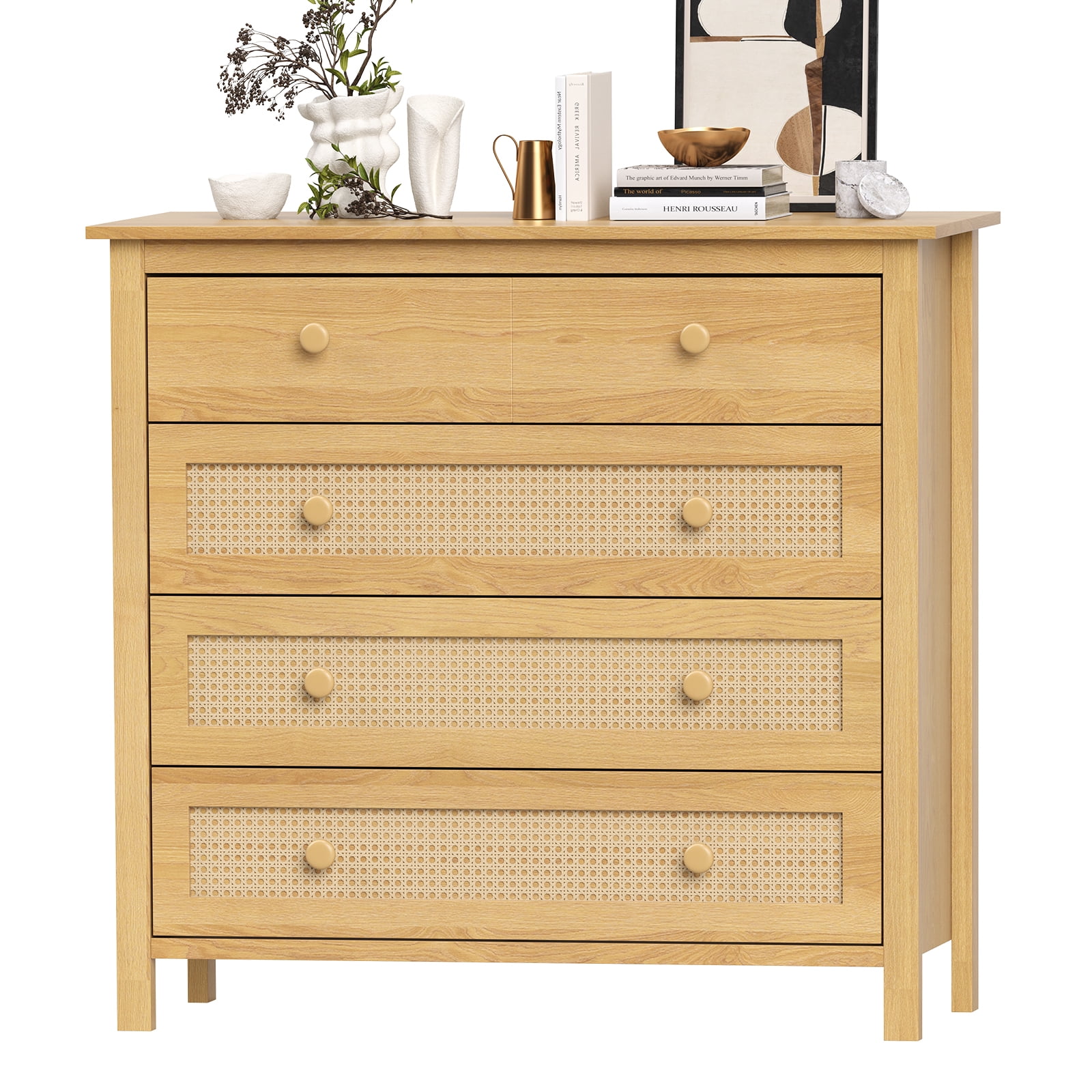 Aukfa 4 Drawer Dresser with Rattan Doors, Modern Boho Storage Cabinet Wooden Chest of Drawers for Bedroom, Living Room, Natural