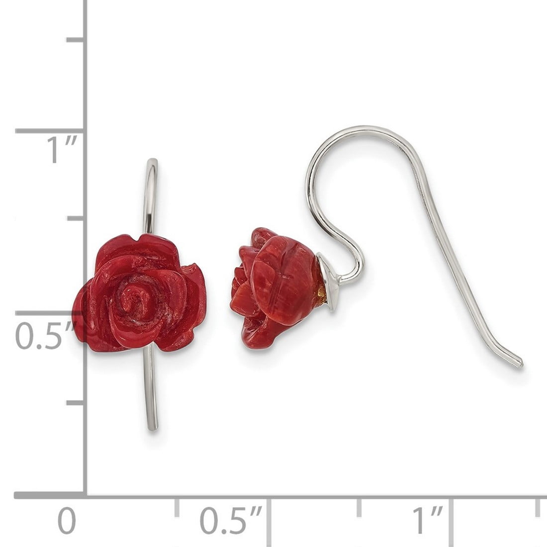 925 Sterling Silver 10mm Red Simulated Coral Rose Shepherd Hook Earrings 16x10.35mm Wide Stud Earring for Women