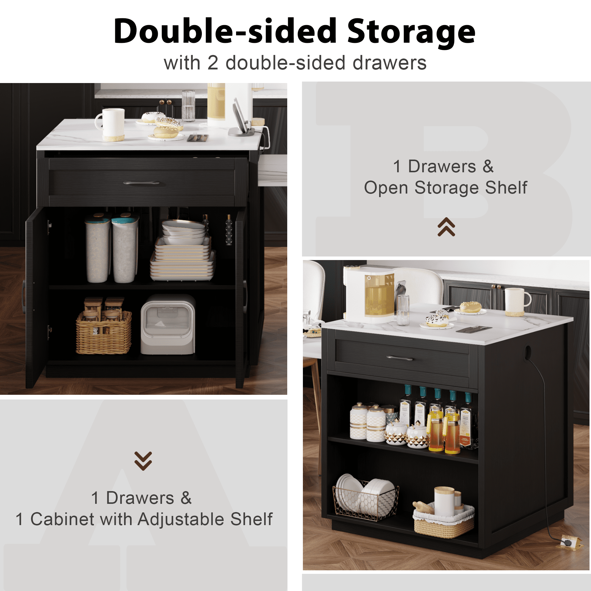 EUROCO 82.7" Kitchen Island with Extendable Dining Table for 4-6 Person,Two-tone Kitchen Table with Double-sized Storage, Power Outlet,2 Drawers and 2 Side Open Shelves,Black
