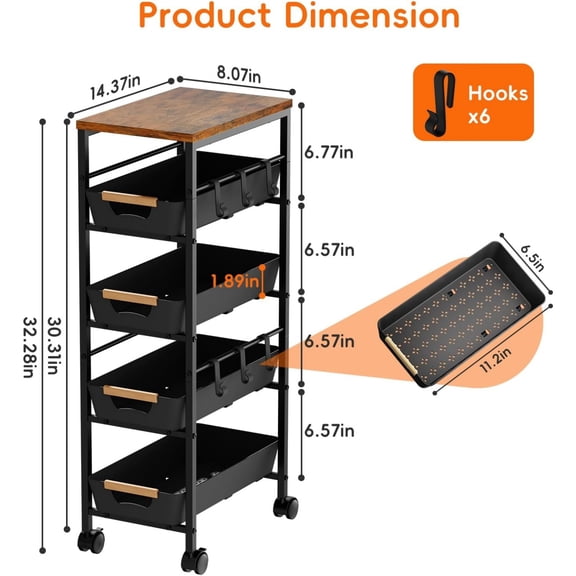 5-Tier Slim Storage Cart, Wooden Top Rolling Kitchen Cart with Pull-Out Baskets & Wheels, Narrow Space Utility Cart Slide Out Organizer for Kitchen, Bathroom, Laundry Room, Black