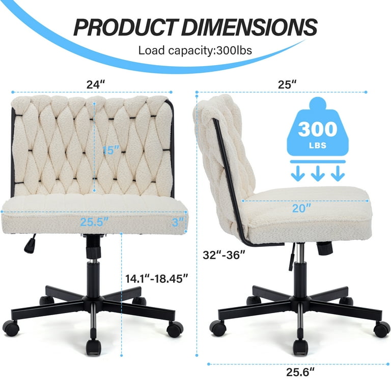 Welax White Desk Chair with Wheels 300lb Criss Cross Legged Home Office Chair Adjustable Swivel Teddy Fabric Vanity Task Computer Chair Vanity Chair