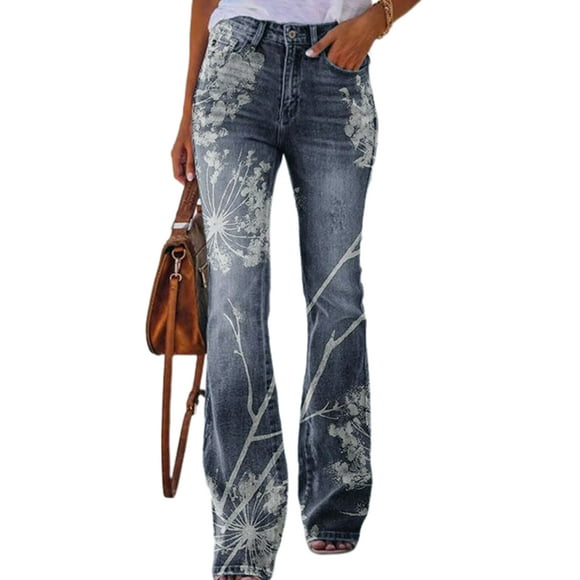 Bellella Women's Floral Print Straight Leg Jeans, Pink Strawberry, S