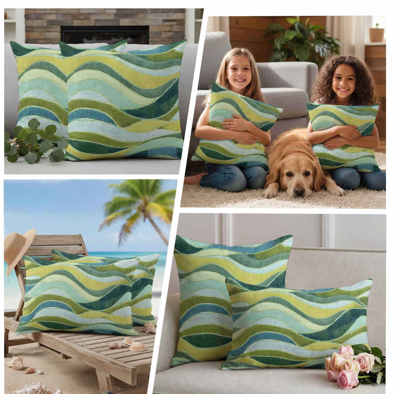 Teal Green Ombre Outdoor Waterproof Pillow Covers, Modern Abstract Moire Wave Striped Decorative Square Throw Pillowcase Sofa Cushion Sham for Patio/Couch/Chair, 24"x24" 2 Pack