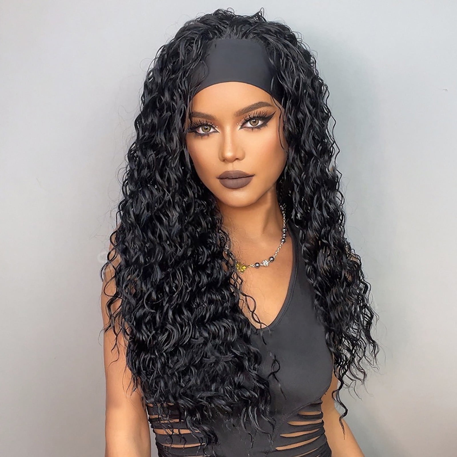 Headband Wigs Long Black Body Wave Clueless Wigs for Black Women,24inch Headband Wig Curly Deep Wave Headband Wig,Synthetic Natural Looking Wavy Head Band Wig Human Hair Wigs