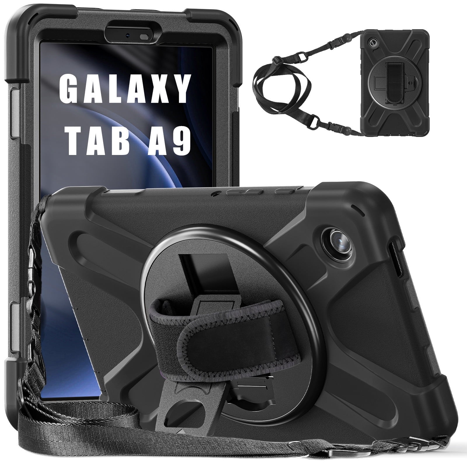 XYX Case for Samsung Galaxy Tab A9 8.7 inch SM-X110/SM-X115 with 360 Degree Rotating, Hand Strap, Shoulder Strap, Black