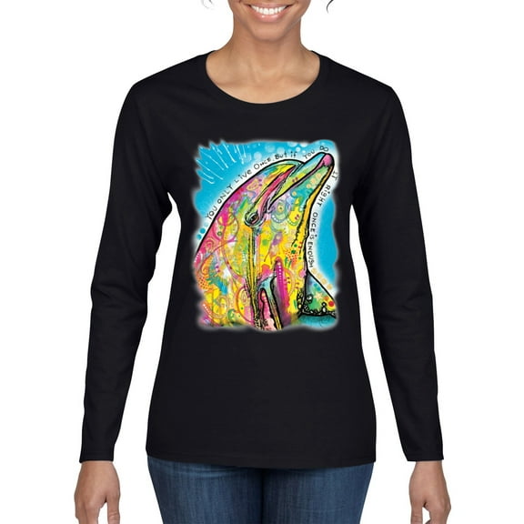 Wild Bobby Dean Russo Neon Colorfu Dolphin Animal Lover Women Graphic Long Sleeve Tee, Black, Small