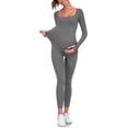 thumbnail image 3 of EastElegant Maternity Seamless Yoga Jumpsuits Women's One Piece Workout Bodysuits Ribbed Square Neck Long Sleeved Romper, Grey, Small, 3 of 6