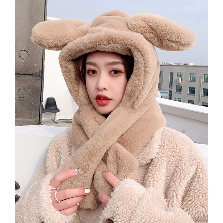 Women Black Cute Rabbit Ear Plush Beanie Cap Outdoor Fluffy Bunny Hat Scarf Women Cute Rabbit Ear Plush Beanie Cap Outdoor Fluffy Bunny  main image 3