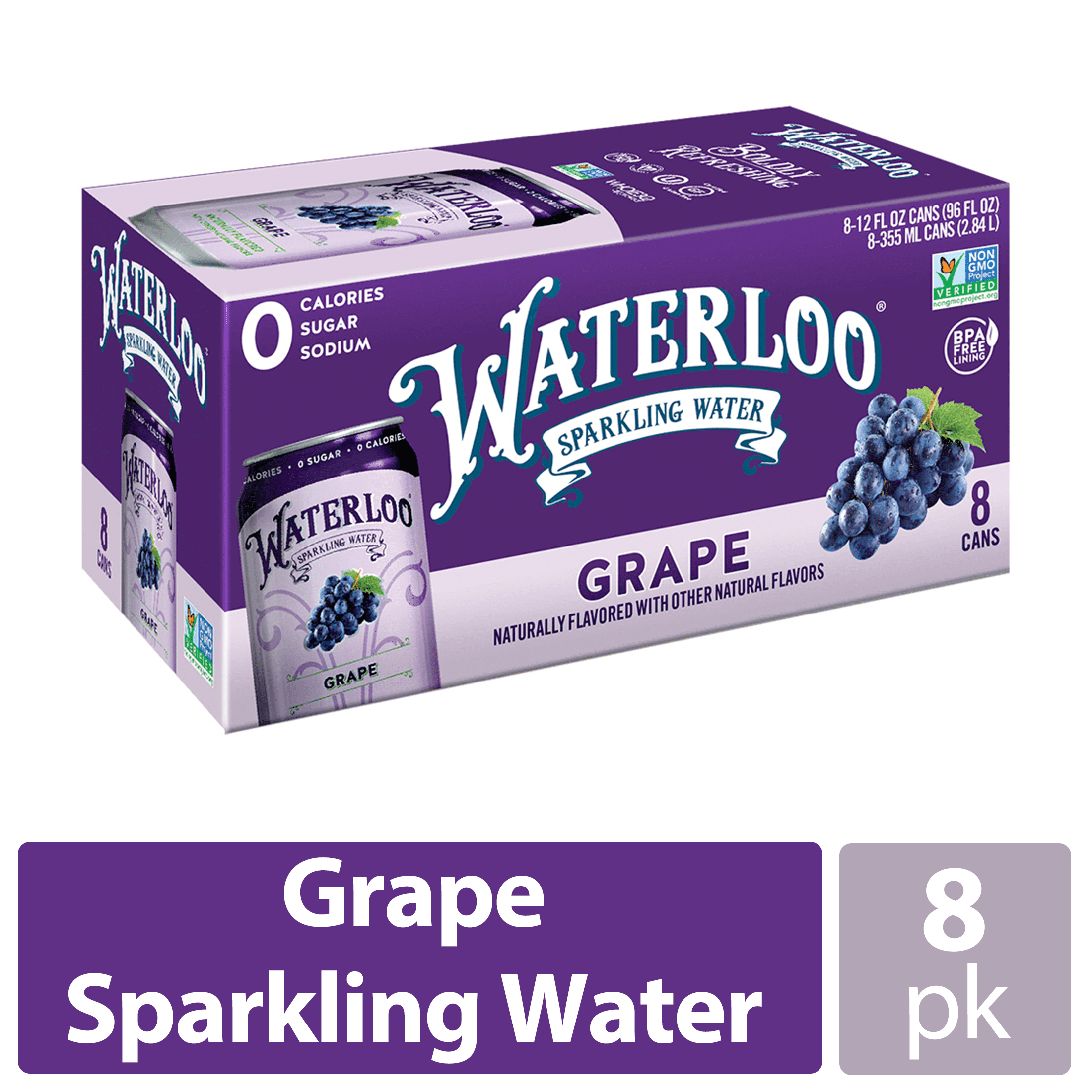 Waterloo Grape Flavored Sparkling Water, 12 fl oz, 8 Pack