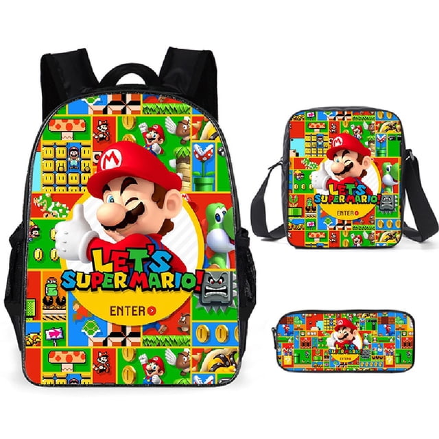 Anime Mario Brothers Mochila de mario bros Conjunto De 3 Piezas Niños Mochila + Mensajero Bolsa +Caja de lápices Mochilas Escolares