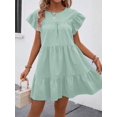 thumbnail image 3 of Mint Green Solid Ruffle Hem Smock Dress With Flutter Sleeves For Casual Holiday Wear, 3 of 6