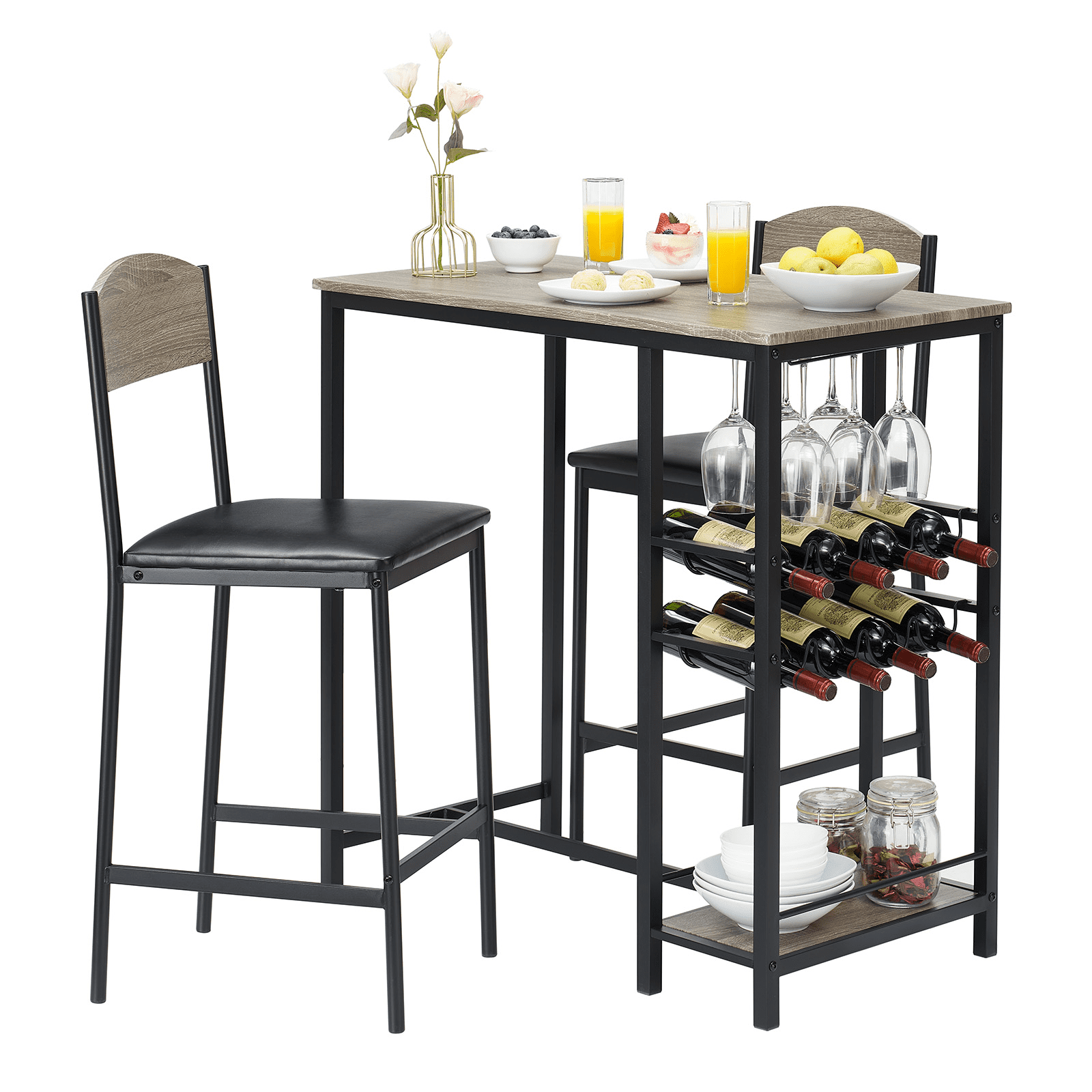 Juego de Mesa de Bar para 2 Personas con Almacenamiento - Mesa Rectangular y 2 Sillas Altas, Gris
