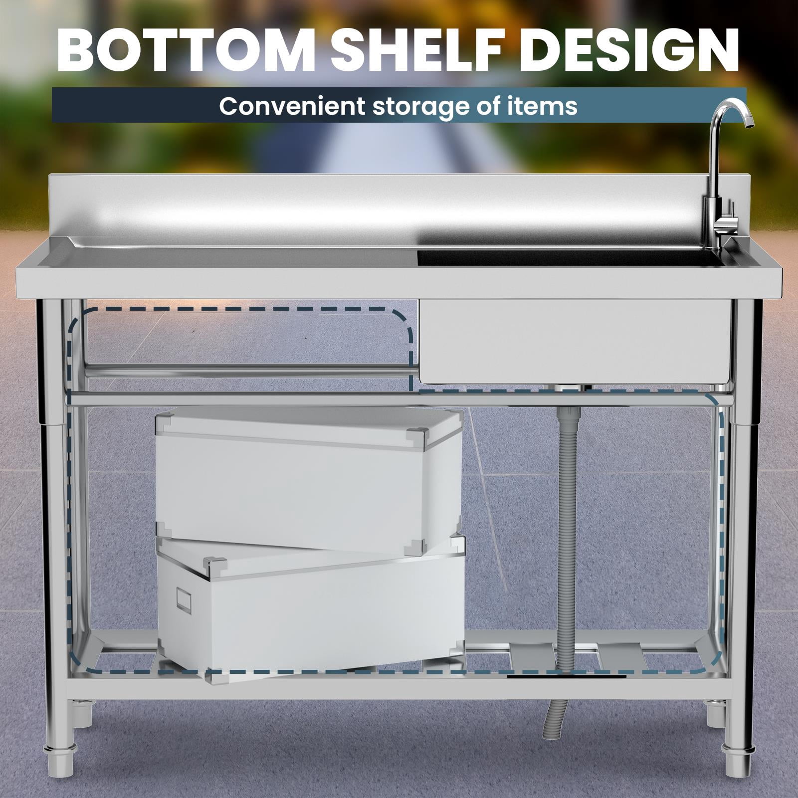 Zhuotong22" Free Standing Stainless Steel Utility Sink, Single Bowl Commercial Kitchen Sink with Faucet & Storage Shelf, Heavy-Duty Sink for Home, Restaurant, Indoor Outdoor Use