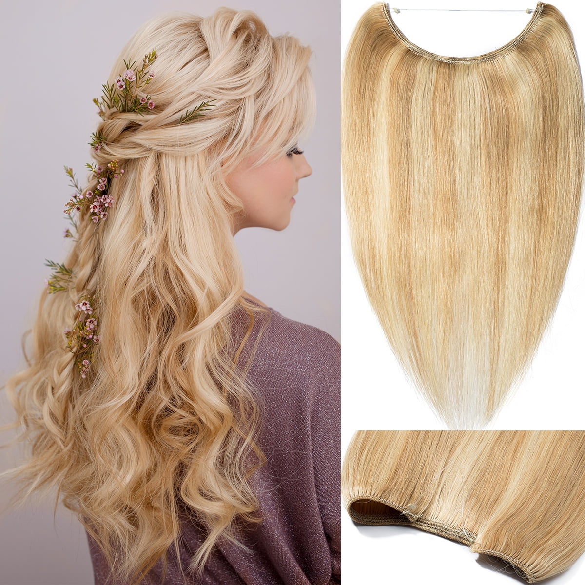 SEGO Wire in Human Hair Extensions Hidden Hair Extensions with Invisible Band Translucent Fish Line Hairpiece without Clip