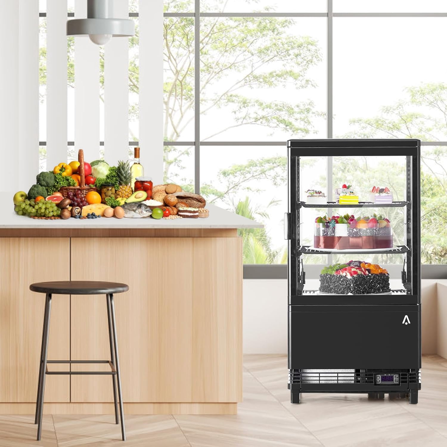 Homhougo Refrigerated Display Case, 2.0 Cu.Ft, Countertop Pastry Display Case Commercial Display Refrigerator with LED Lighting, Frost-Free Air-Cooling, Locked Door for Bakery