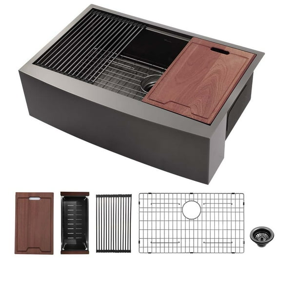 Mocoloo 33 Farm Sink Black Stainless Steel - Apron Front Single Bowl Workstation Kitchen Sink