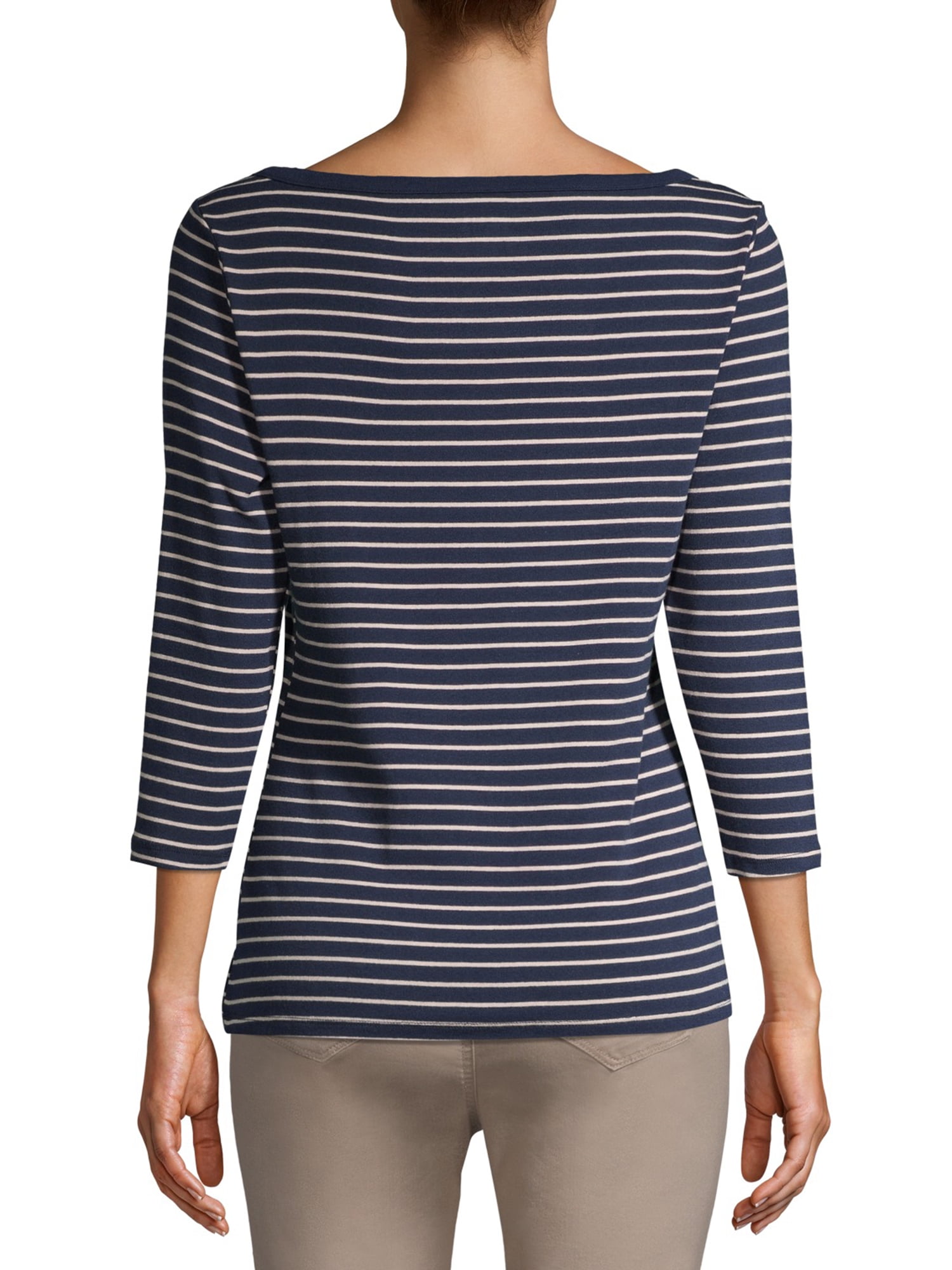 Time and Tru Women's Boat Neck T-Shirt with 3/4-Length Sleeves