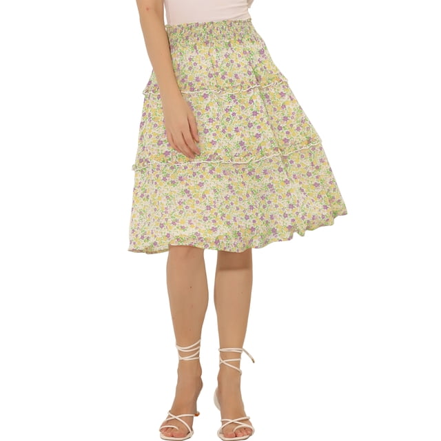 Faldas con estampado floral pamujer Falcon volantes en niveles fluidos y cintuelásticon flecos hasrodilAmarillo Morado XS
