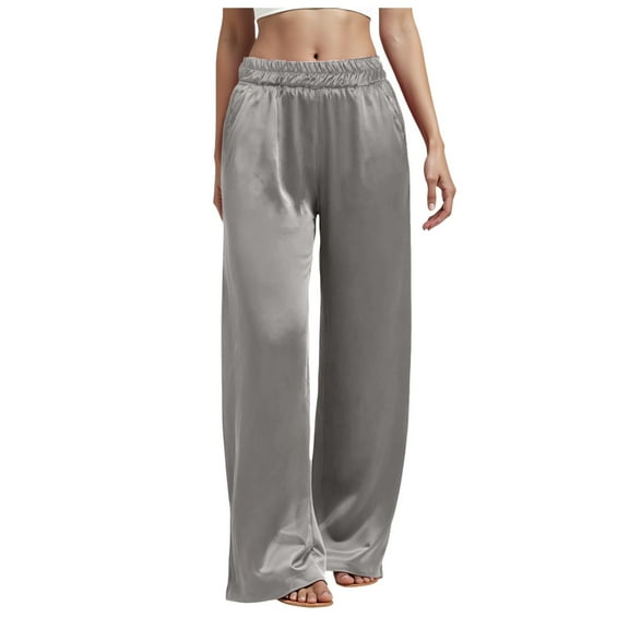 TTUHYWXI Womens Wide Leg Pajama Pants Satin Silk Casual Loose Elastic Waist Lounge Pants Pj Bottoms (Grey, S)