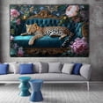 thumbnail image 2 of Mudket Framed Leopard on Teal Sofa with Pink Flowers Canvas Wall Art, Elegant Leopard Print Wall Decor, Trendy Animal Wall Art Ready to Hang - 12"L x 8"W, 2 of 10