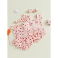 thumbnail image 3 of BemeyourBBs Newborn Baby Baby Girl Spring Summer Clothes Valentines Day Romper Outfit Bow Heart Print Flutter Sleeves Square Neck Ruffled Bodysuit Playsuit with Bow Headband, 3 of 9